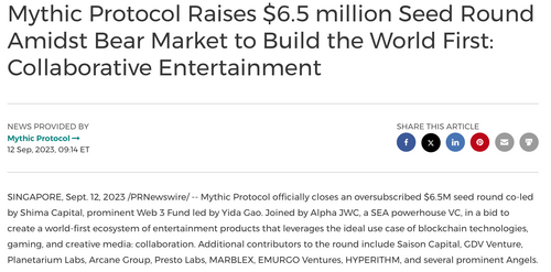 Mythic Protocol Raises $6.5 million Seed Round Amidst Bear Market to Build the World First: Collaborative Entertainment