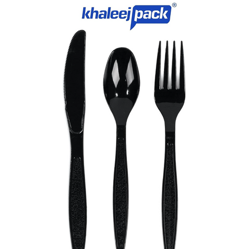 Plastic Cutlery Forks and Spoons – Disposable Plastic Cutlery Set Black [50 Set] 150 PCS of Plastic Cutlery [Spoon 50, Fork 50, Knives 50, Tissues 50] Utensils Plastic Heavy Duty BPI Certified