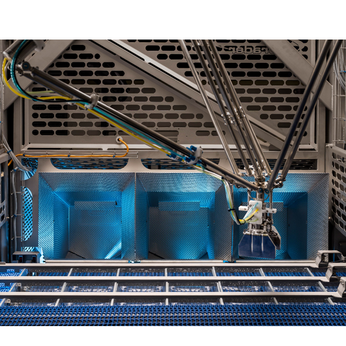 Robot-grading system for packing fixed weight portions of poultry, meat and fish into trays