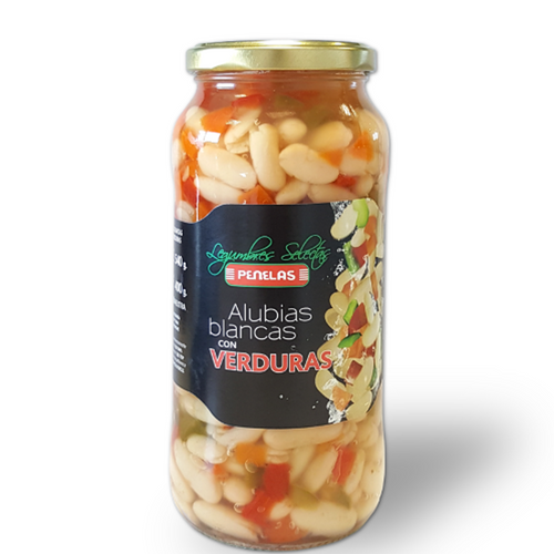 Cooked WHITE BEANS WITH VEGETABLES in glass jar - Penelas