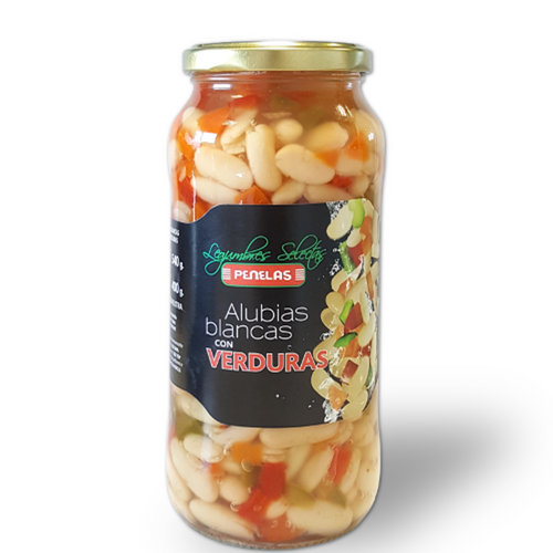 Cooked WHITE BEANS WITH VEGETABLES in glass jar - Penelas