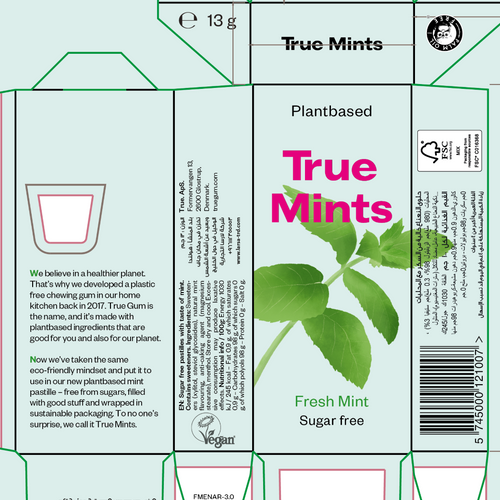 True Mints Sugar free pastilles with taste of mint. Contains sweeteners