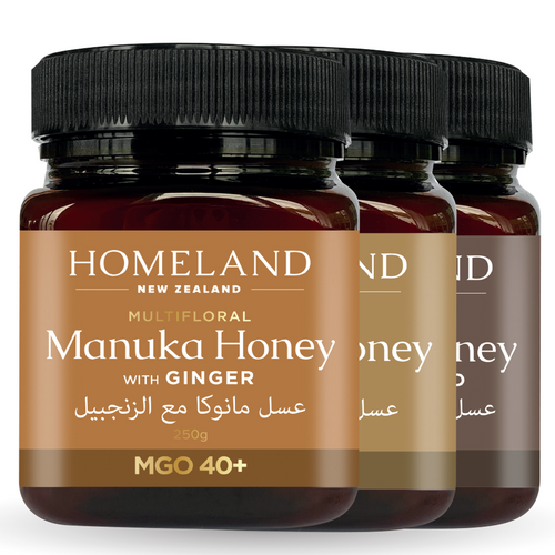 Homeland Manuka Infused Honey in different flavors brought directly from New Zealand to you by 24 Royal Bloom