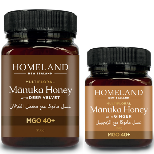 Homeland Manuka Infused Honey in different flavors brought directly from New Zealand to you by 24 Royal Bloom