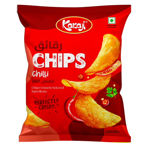 Kakaji Potato Chips Chilli Flavor in different packaging size brought to you exclusively through 24 Royal Bloom direct from the factory