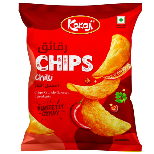 Kakaji Potato Chips Chilli Flavor in different packaging size brought to you exclusively through 24 Royal Bloom direct from the factory