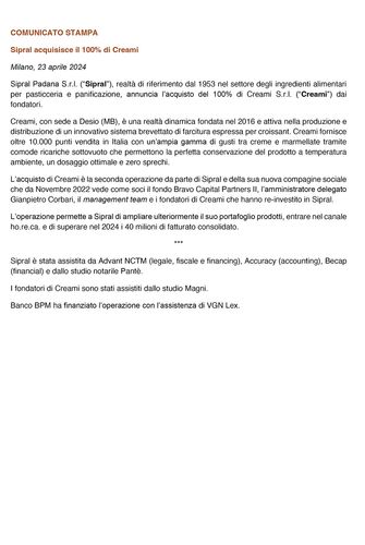 Sipral acquisisce il 100% di Creami