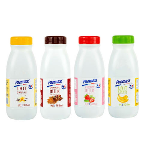 PROMESS UHT Sterilized Flavoured milk (chocolate, vanille, strawberry, banana) - 500ml HDPE bottles