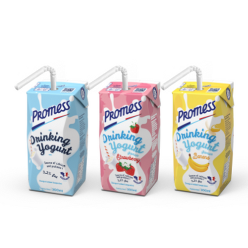 PROMESS Long life Drinking Yogurts Plain, strawberry or banana flavoured - 200ml bricks with paper straw