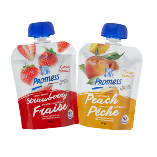 PROMESS Dairy snack made with yogurt and real fruits (strawberry, peach) - 80g pouches