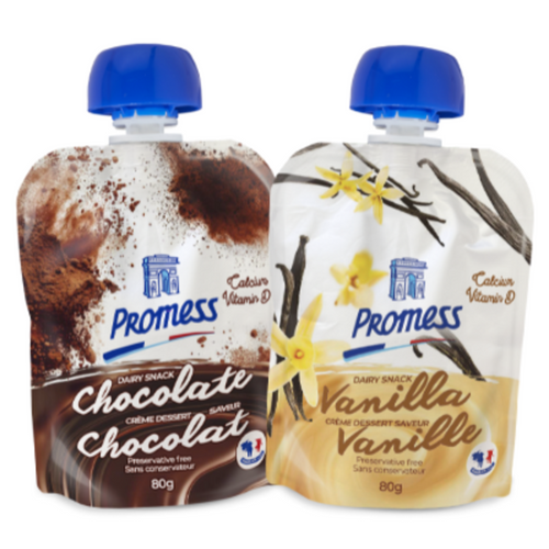 PROMESS Creamy dairy snacks (chocolate, vanilla) - 80g pouches