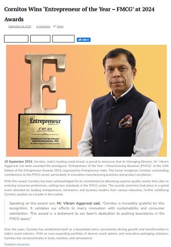 Cornitos Wins ‘Entrepreneur of the Year – FMCG’ at 2024 Awards