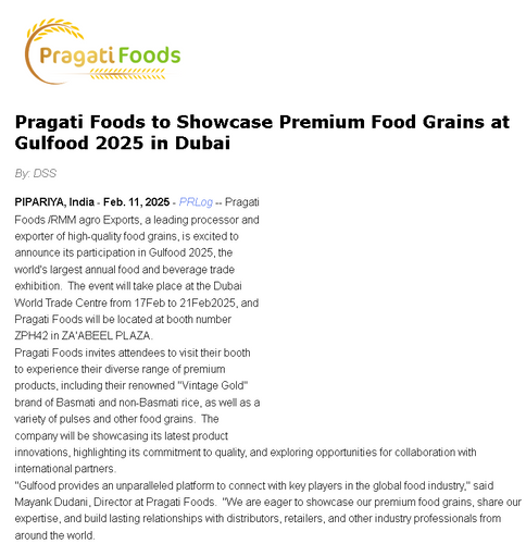 Pragati Foods to Showcase Premium Food Grains at Gulfood 2025 in Dubai