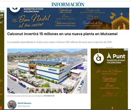 Calconut will invest 15 million in a new plant in Mutxamel The company specializing in nuts and dried fruits aims to have a turnover of 500 million euros by 2030.