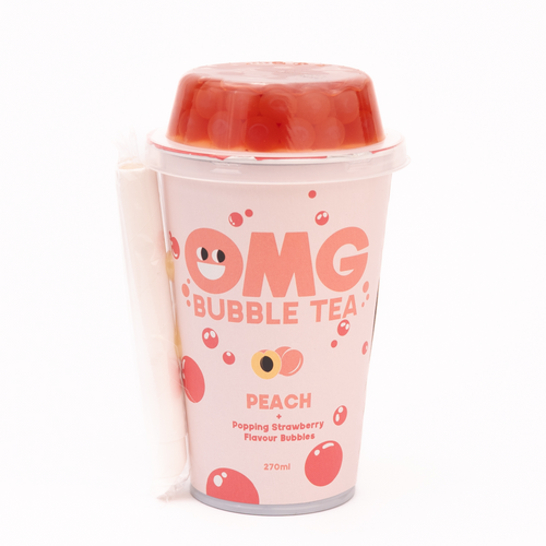 OMG Bubble Tea Black tea peach with Popping Strawberry Bubbles