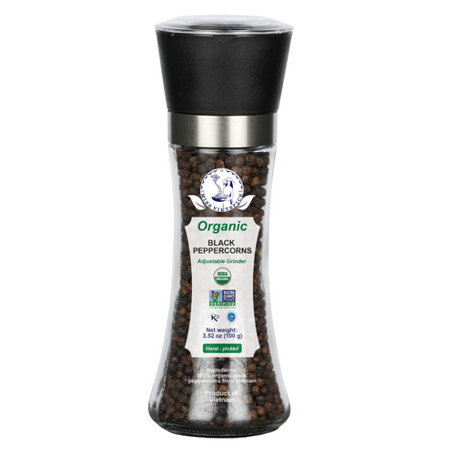 Organic Black Peppercorns - Adjustable Grinder
