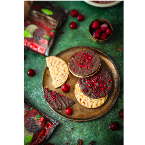 Lestello Dark chocolate chickpea cakes with pieces of freeze-dries cherry