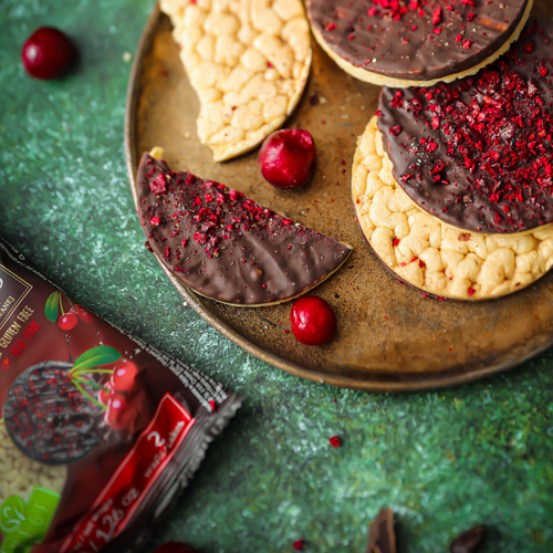 Lestello Dark chocolate chickpea cakes with pieces of freeze-dries cherry