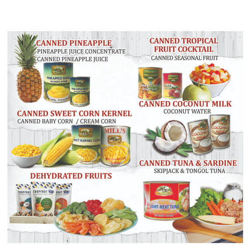Canned pineapple, Canned sweet kernel corn, canned fruit cocktail, canned coconut milk & cream, dehydrated fruit, canned tuna