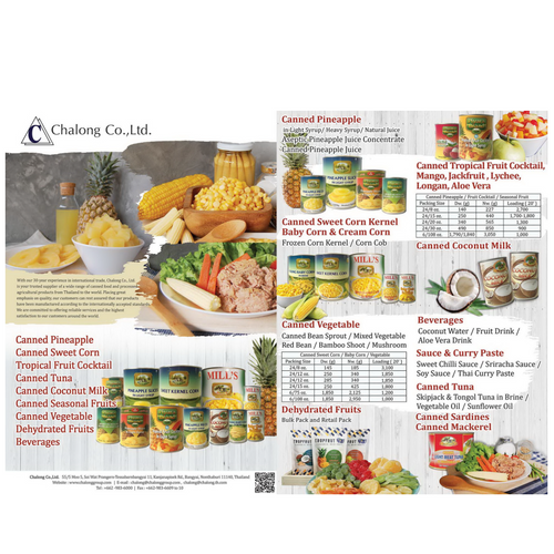 Canned pineapple, Canned sweet kernel corn, canned fruit cocktail, canned coconut milk & cream, dehydrated fruit, canned tuna