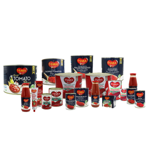 Mara Peeled tomatoes, Chopped tomatoes, Tomato paste, Passata, Mashed tomatoes, Pizza sauce, Tomato pronto