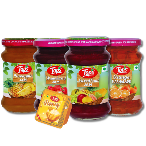 TOPS Fruit Jams, TOPS Orange Marmalade, and TOPS Honey