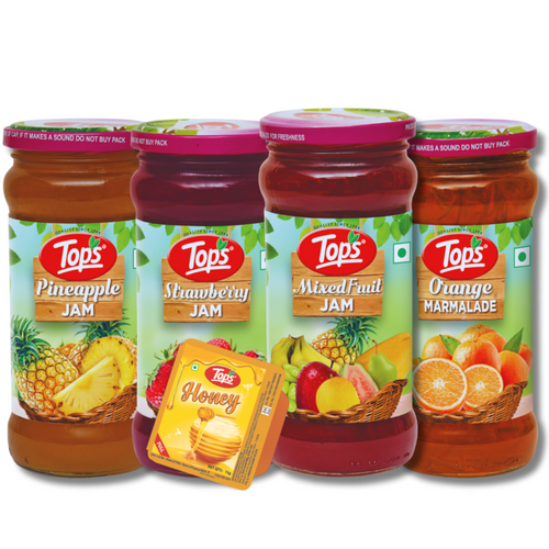 TOPS Fruit Jams, TOPS Orange Marmalade, and TOPS Honey