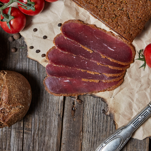 Raw-dried Basturma sliced, with white rind