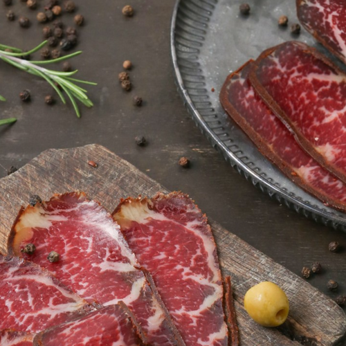 Raw-dried Basturma from marbled meat, white rind