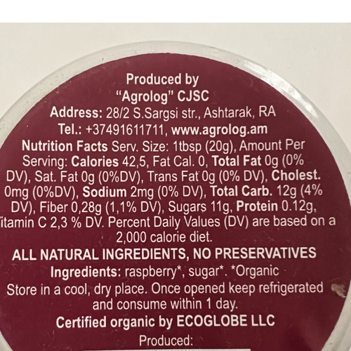 Raspberry jam with organic ingredients