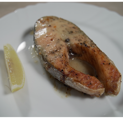 Salmon steak with ready-made sauce for frying  and baking