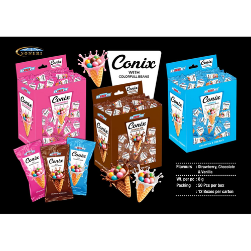 CONIX CONE WITH CHOCOLATE BEANS (CHOCOLATE, VANILLA & STRAWBERRY)