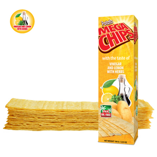 POTATO MEGA CHIPS WITH THE TASTE OF VINEGAR AND LEMON WITH HERBS