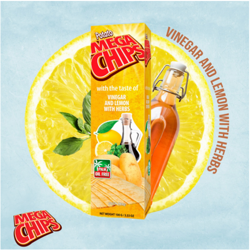 POTATO MEGA CHIPS WITH THE TASTE OF VINEGAR AND LEMON WITH HERBS