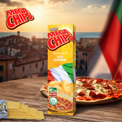 POTATO MEGA CHIPS WITH THE TASTE OF PEPPERONI PIZZA