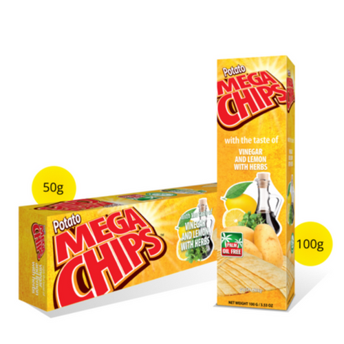 POTATO MEGA CHIPS WITH THE TASTE OF VINEGAR AND LEMON WITH HERBS