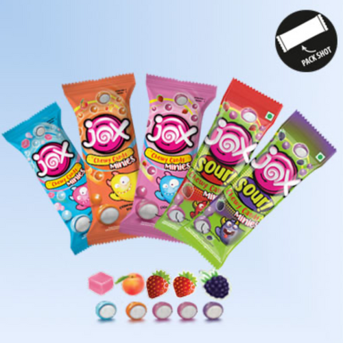 JOX MINIES BUBBLE GUM, STRAWBERRY, PEACH, SOUR STRAWBERRY AND SOUR RASPBERRY