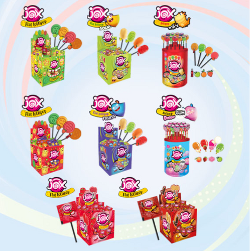 JOX BUBBLY LOLLIPOP, MINI LOLLIPOP , FLAT LOLLIPOP FRUITY (6 g & 8 g), FLAT LOLLIPOP SOUR (6 g & 8 g), FLAT STRAWBERRY LOLLIPOP, FLAT COLA LOLLIPOP