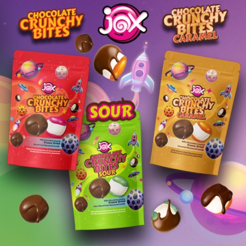 JOX CHOCOLATE CRUNCHY BITES, JOX CHOCOLATE CRUNCHY BITES SOUR, JOX CHOCOLATE CRUNCHY BITES CARAMEL