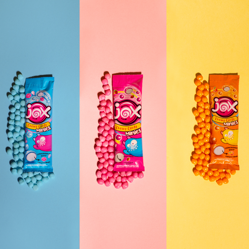 JOX MINIES BUBBLE GUM, STRAWBERRY, PEACH, SOUR STRAWBERRY AND SOUR RASPBERRY
