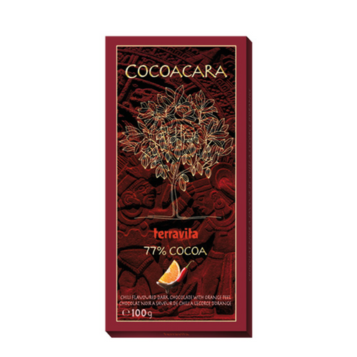 COCOACARA – Extra Dark Chocolate 77% Cocoa with Orange Peel and Chili 100g, (code: CZ-03-216)
