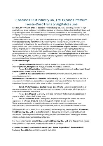 3 Seasons Fruit Industry Co., Ltd. Expands Premium Freeze-Dried Fruits & Vegetables Line