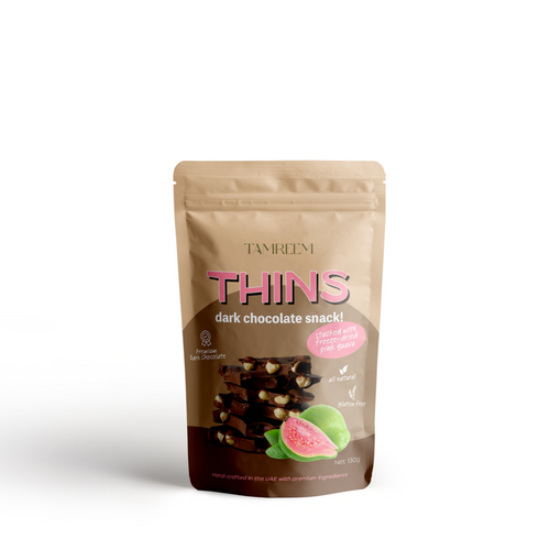 THINS Dark Chocolate stacked with Freeze-Dried Pink Guava