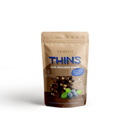 THINS Dark Chocolate stacked with Freeze-Dried Blueberries