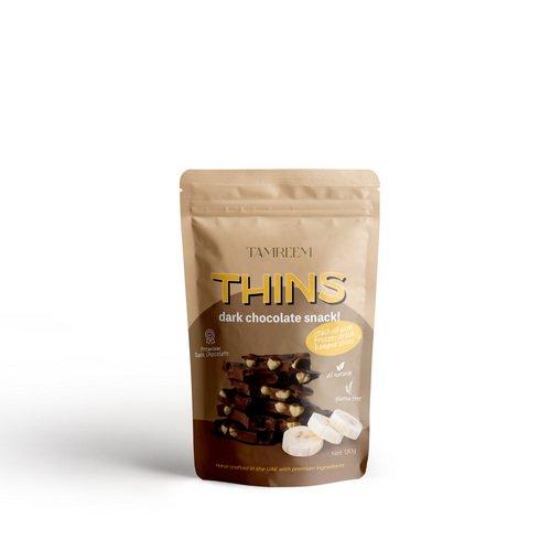 THINS Dark Chocolate stacked with Freeze-Dried Banana Slices