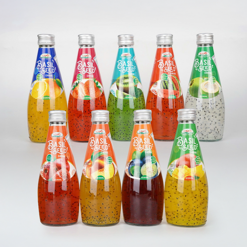 High Quality Natural Vietnam Fruit Juice with Chia Seeds, Basil Seeds Drink 290ml Glass Bottle from Nawon Beverage GMP Manufacturer OEM ODM ISO