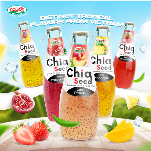 High Quality Natural Vietnam Fruit Juice with Chia Seeds, Basil Seeds Drink 290ml Glass Bottle from Nawon Beverage GMP Manufacturer OEM ODM ISO