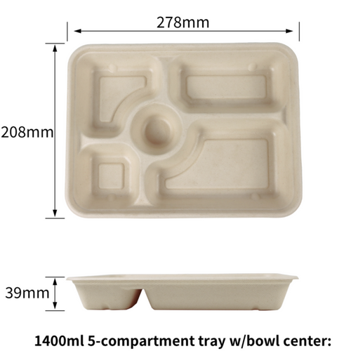 Environmentally friendly compostable sugarcane pulp dinner plate bowl-shaped five-compartment dinner plate