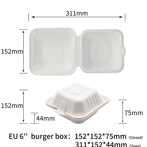 100% Compostable To Go Food Containers with Lids 6 inch 450ml Burger Box Take Out Clamshell Container Bio Disposable Eco Friendly Heavy-Duty Boxes Made of Sugarcane Fibers