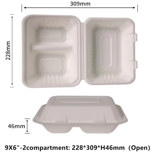 Clamshell 9X6 inch 2 Compartment Take Out Food Containers 100% Compostable Disposable To Go Containers Heavy-Duty To Go Boxes Eco-Friendly Biodegradable To Go Containers For Food